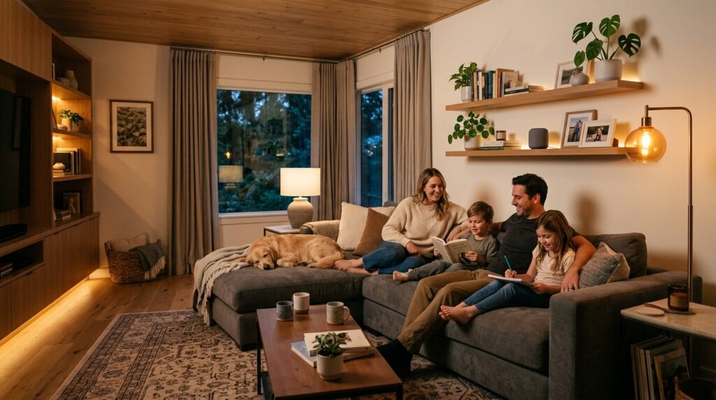 Cozy modern living room with warm smart lighting and a relaxing evening atmosphere