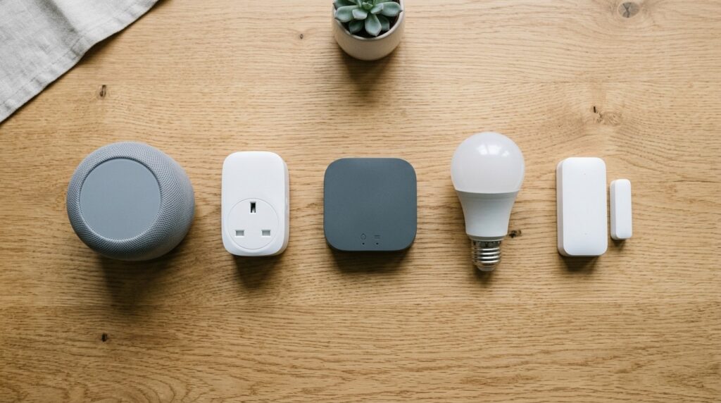 Smart home devices including speaker, smart plug, hub, bulb, and door sensor